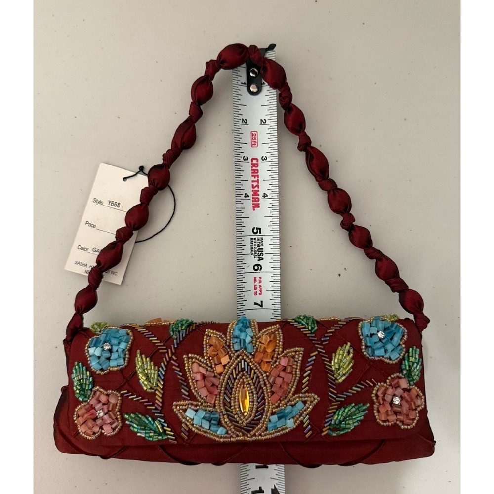 Beautiful Sasha New York Satin Clutch  Floral Embroidered W/woven Satin Handle - Picture 7 of 8